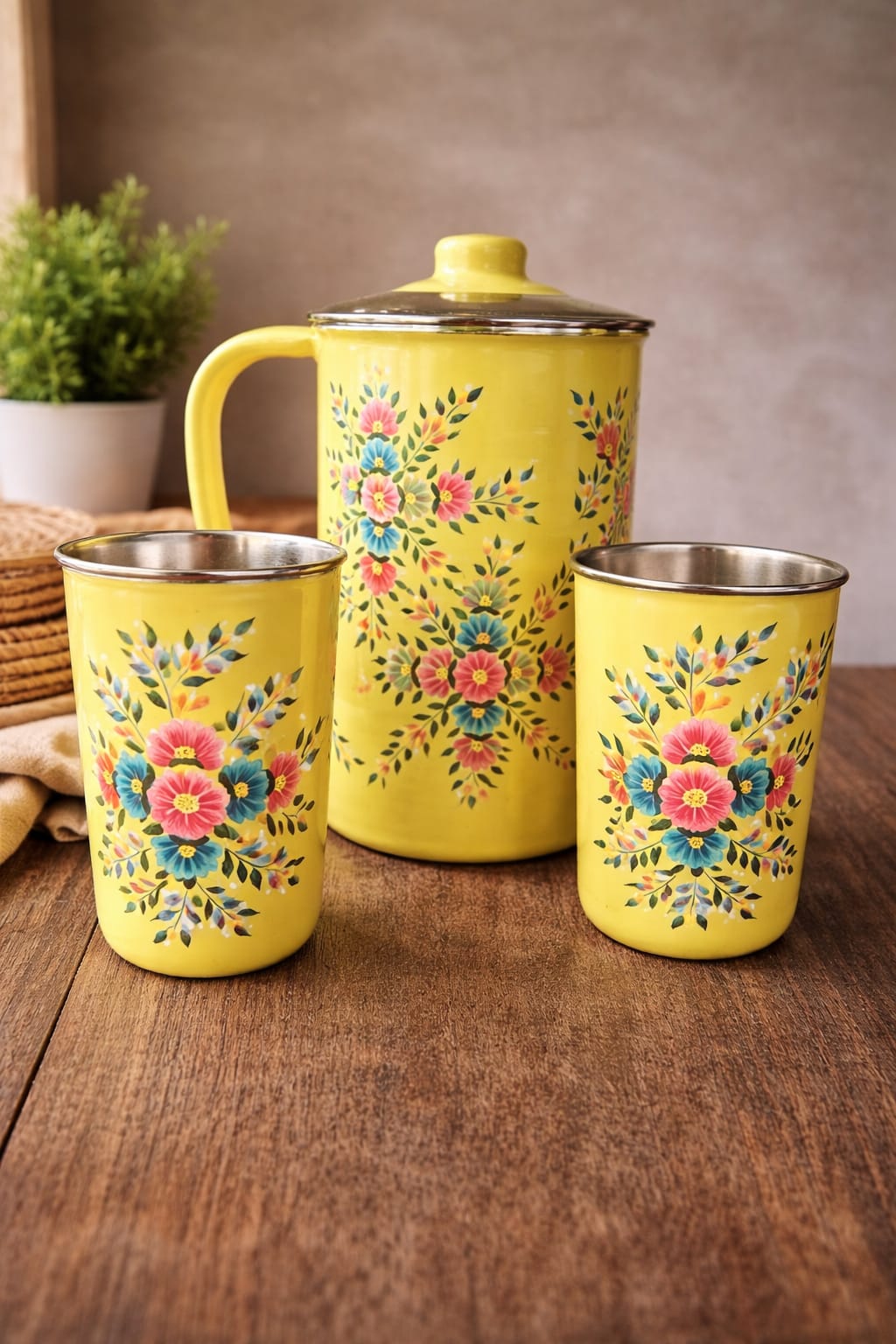 Hand painted jug set, Enamel Ware utensils ,Enamelware jug set with 2 hand painted steel glass , kashmiri enamelware, stainless steel glasses